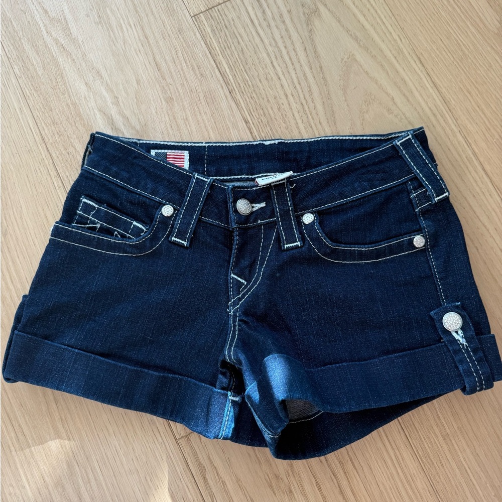 True Religion Dark Indigo Jean Shorts with Rhinestone Accents